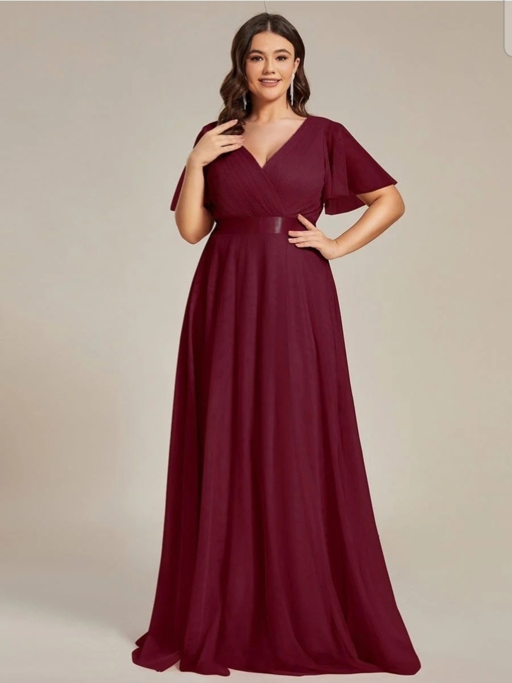 Ever Pretty Burgundy Flutter-Sleeve Maxi Dress